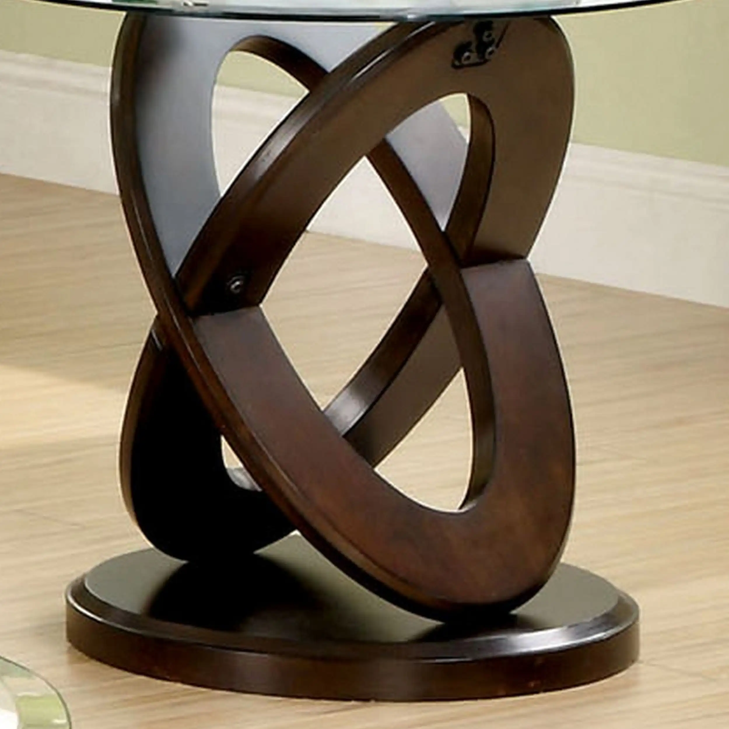 A contemporary Chinese side table with brown crossed oval wooden legs fits any balcony or living room space