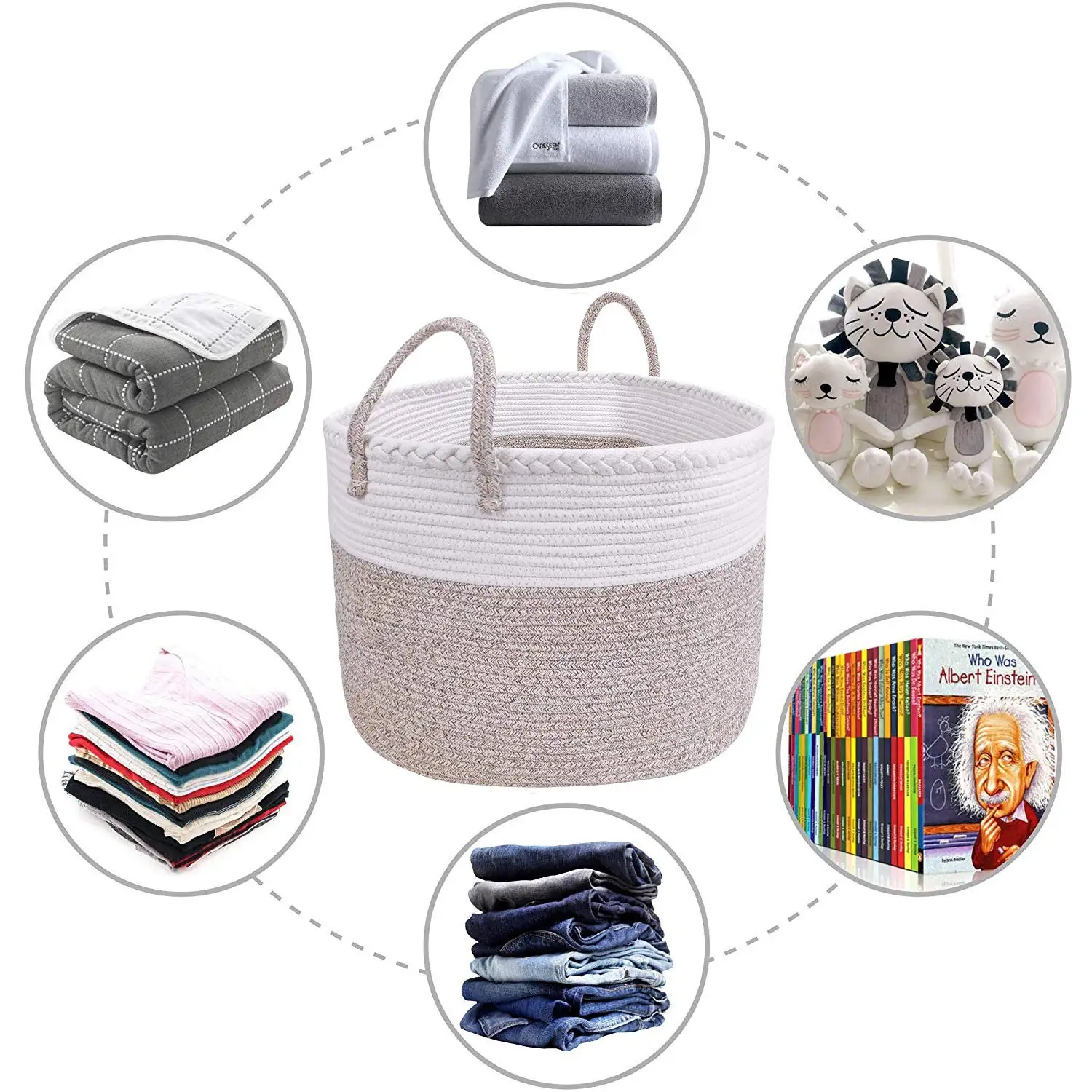 KUYUE Large Cotton Rope Storage Baskets Woven Laundry Hamper Cotton Basket with Unique Braid