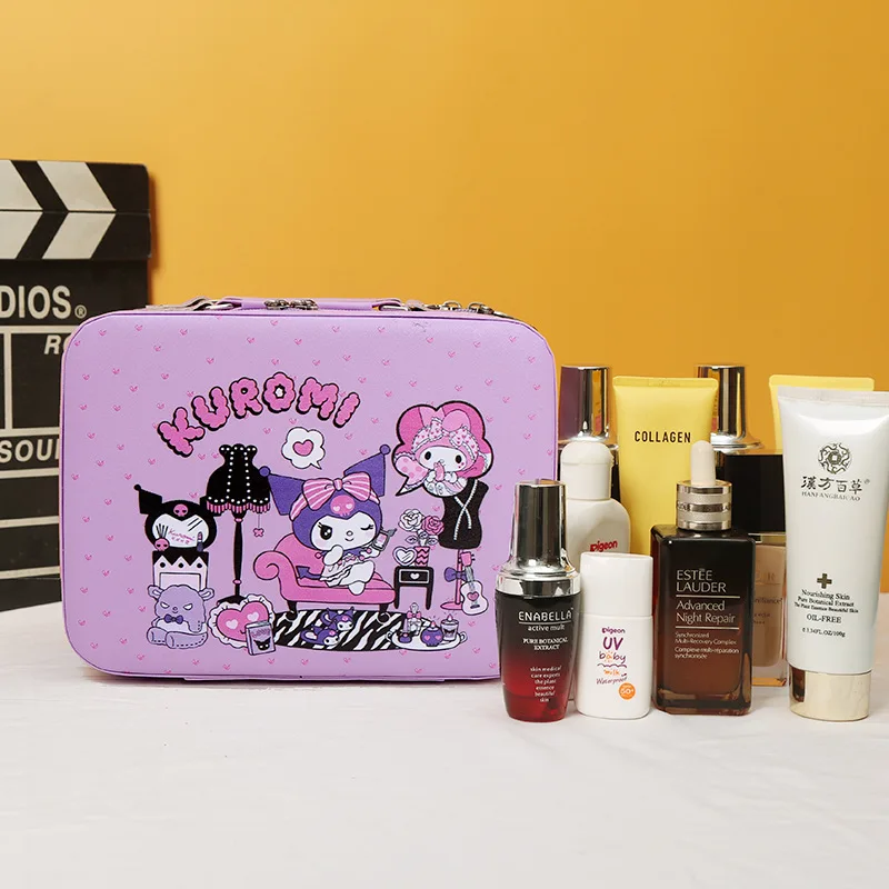 Aolan Cosmetics Box Stitch Kuromi Design Inner With Mirror Cute Big Capacity Zipper Make Up Box for Girls