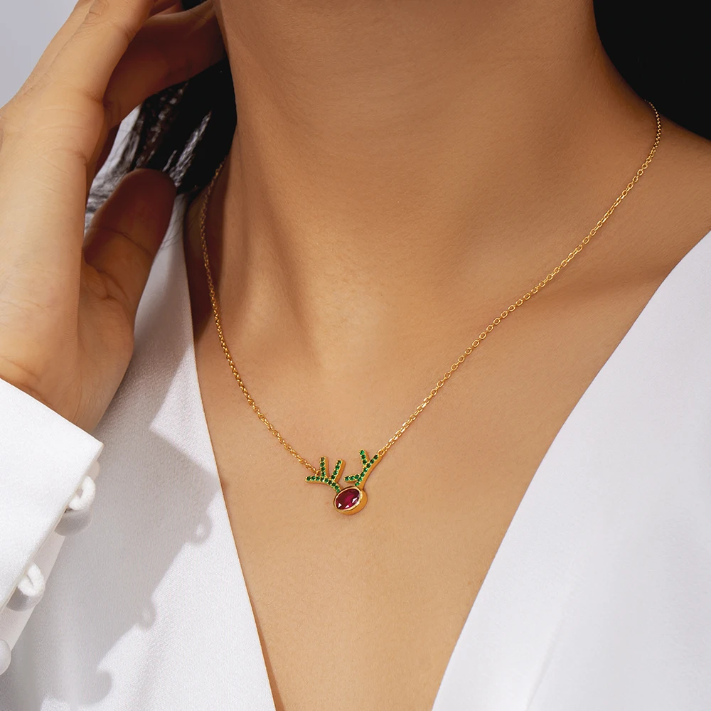 Christmas Jewelry Gift Elk Deer Antlers 14K Real Gold Plated 925 Sterling Silver  Gemstone Pendant Necklaces for women