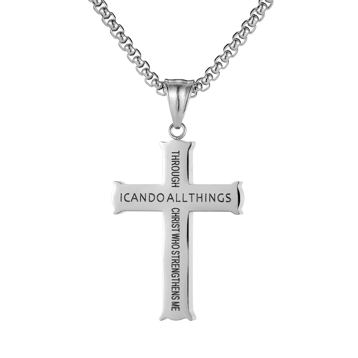  Inspirational Engraved Jewelry I CAN DO ALL THINGS Cross Pendant Custom Logo Stainless Steel Silver Gold Black