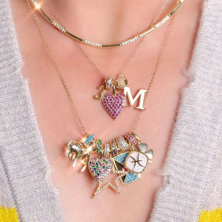 Gemnel High quality 925 silver jewelry ruby crystal rainbow love heart charm real gold necklaces