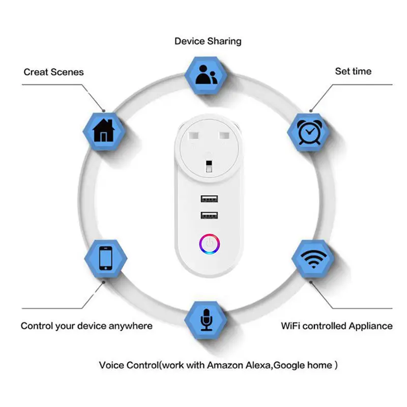 2USB universal wifi smart home socket Smart Life Alexa Smart Plug US UK IN AU EU IL ZA CH JP Smart Power Plug with USB port