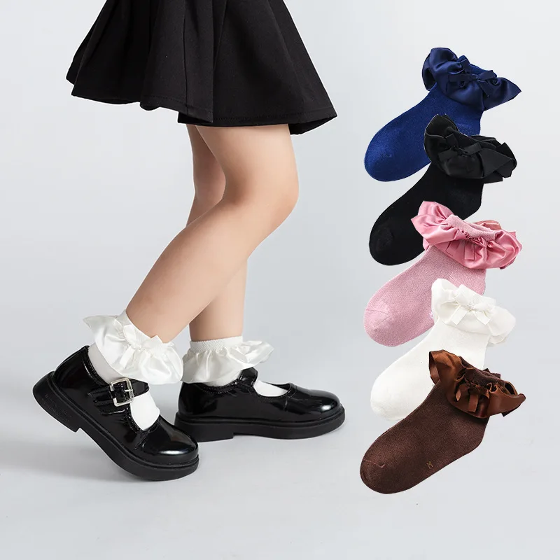 Новинка, весенние детские носки, милые детские атласные кружевные хлопковые носки для девочек с кружевным бантом и мягкой отделкой, короткие носки для маленьких девочек