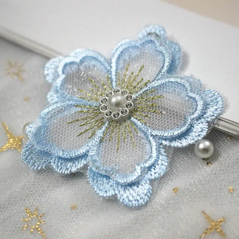 Factory supply 3D decorative flowers Multicolor pearl  lace appliques embroidered Voile fabric for woman clothes kids dress bag