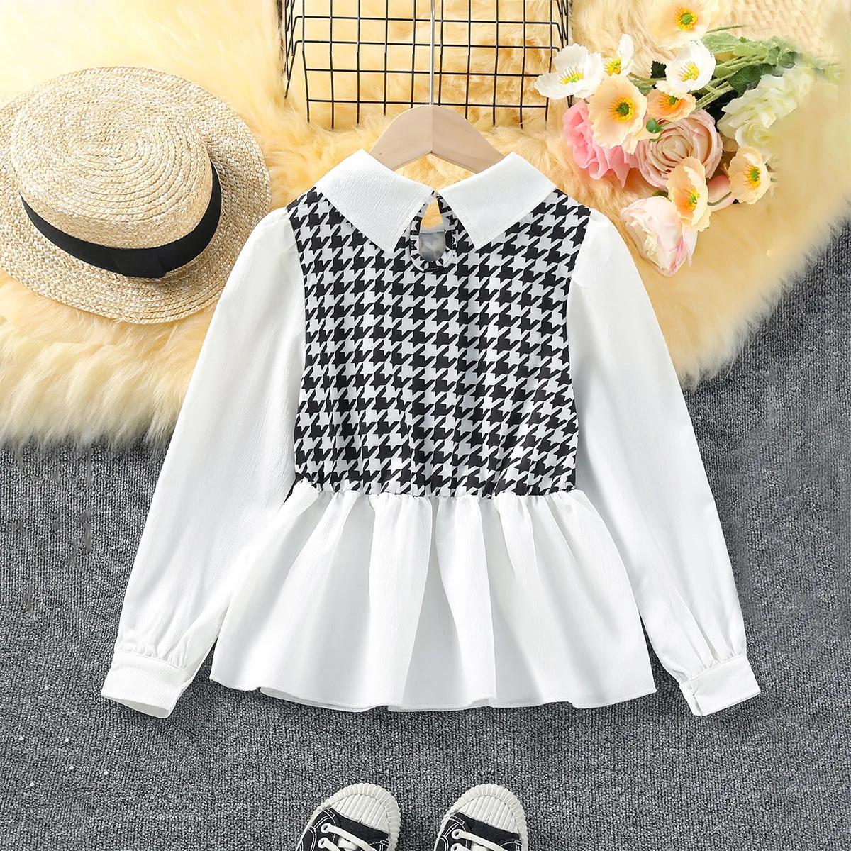 8-12 age Children Pullover 2024 Spring Houndstooth Girl T-shirt Children Clothing for kids girls shirt casual long sleeve blouse