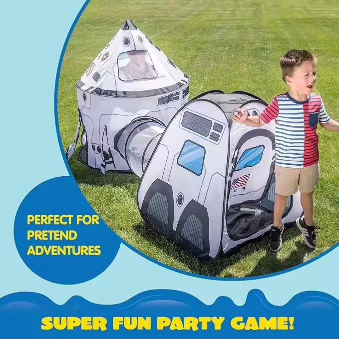 White Space Ship Pop-Up Play Tent (3 in 1) with Tunnel Kids Foldable Cot Tent Set for Indoor-Outdoor Play Spaceship Play House