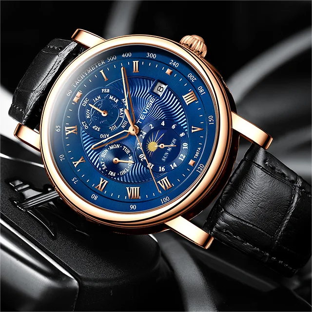 TEVISE T867A 867A Полный календарь автоматическое механическое движение месяц циферблат дисплей Маховик мужские кожаные водонепроницаемые наручные часы