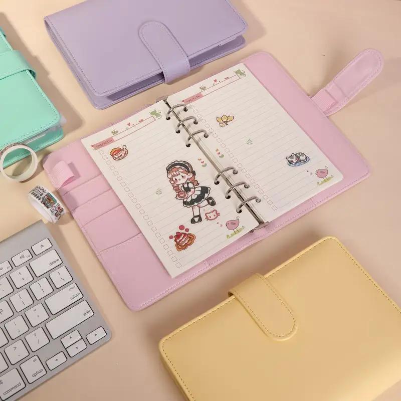 In Stock Colorful Multi Accessories PU Leather Loose Leaf 6 Rings A6 Budget Binder with Magnetic Buckle Closure