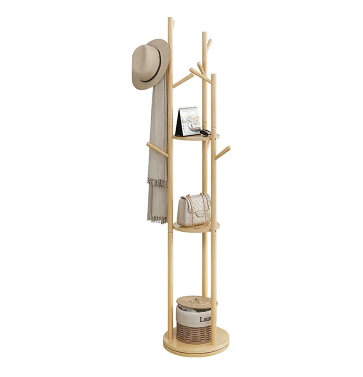 Bamboo Coat Rack Freestanding with 3 Storage Shelves and 9 Hooks Standing Coat Rack for Entryway, Bedroom