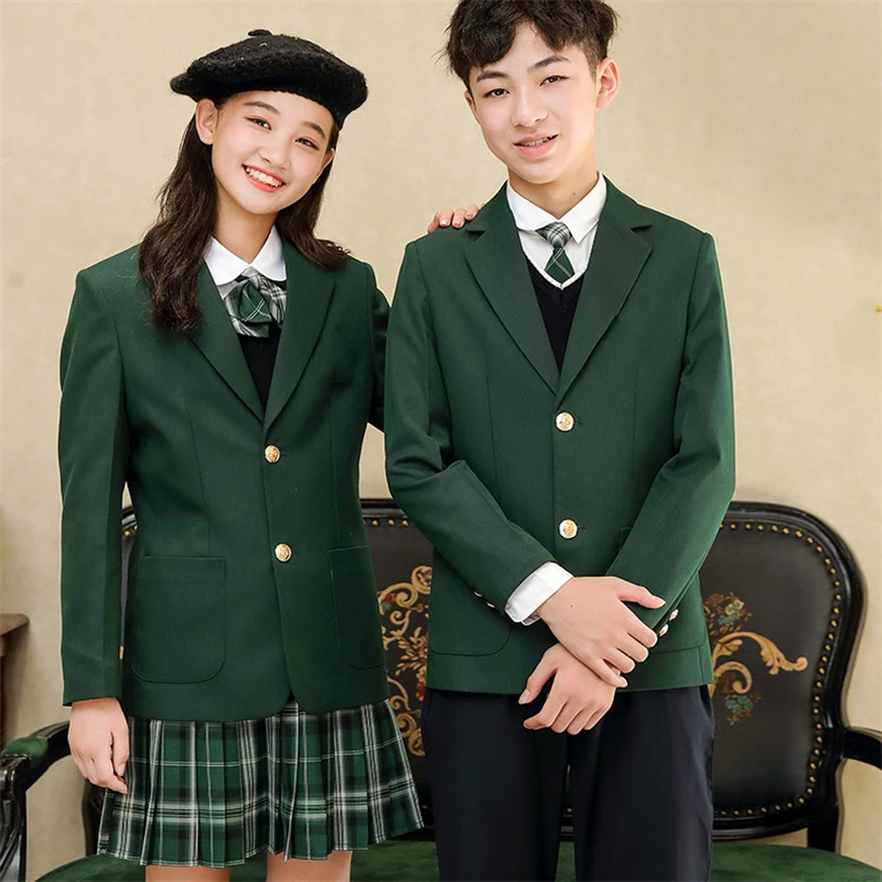 Hot sale vintage green blazer bottom grid skirt suit uniform youth leisure jacket fashion fitness boys and girls uniform