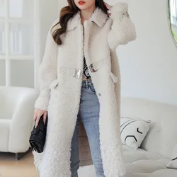 Winter Ladies Women Beige Long Elegant Plush Sheep Shearing Wool Fur Coat New Arrival