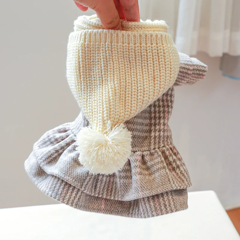 Pet Dog Wear Dog Dress With Hat Gray Plaid Small Medium Pet Hoodies