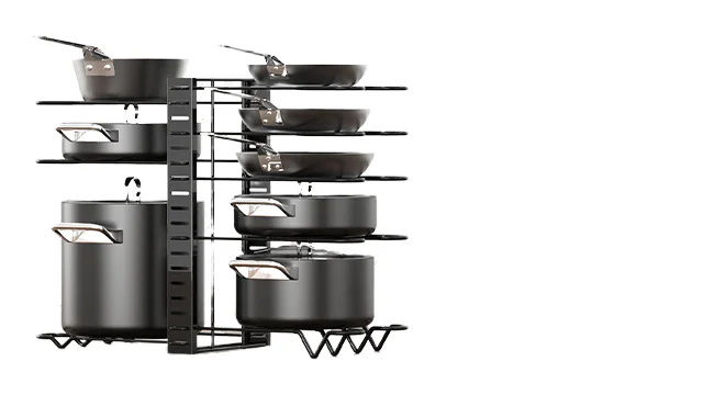 Space-efficient Adjustable kitchen cooking pot storage rack lid shelves