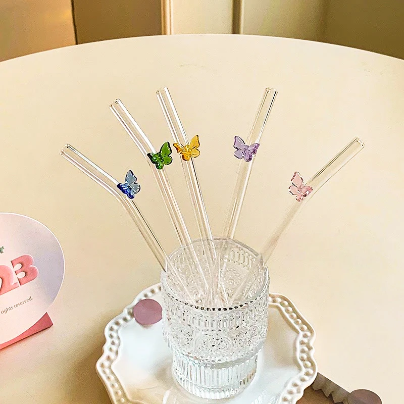 Custom Drinking Clear Bent Straight butterfly Bow-tie Bow Shape Glass Straw Straws Set with Design for Soda Can Cup Accessories