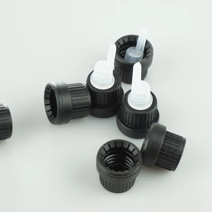 18mm 18/415 black color plastic tamper evident tamper proof pilfer proof cap with plugs for glass essential oil bottles
