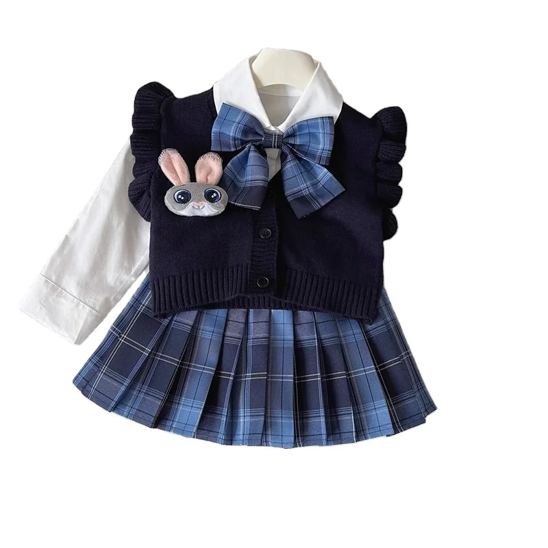 2024 весенне-осенний корейский новый продукт: комплект для девочек с кроликом вязаный из 3 предметов в студенческом стиле маленьких