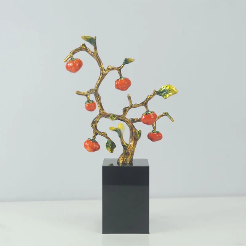 Traditional Alloy Hand-painted Enamel Persimmon Tree Household Ornaments With Marble Or Crystal Base