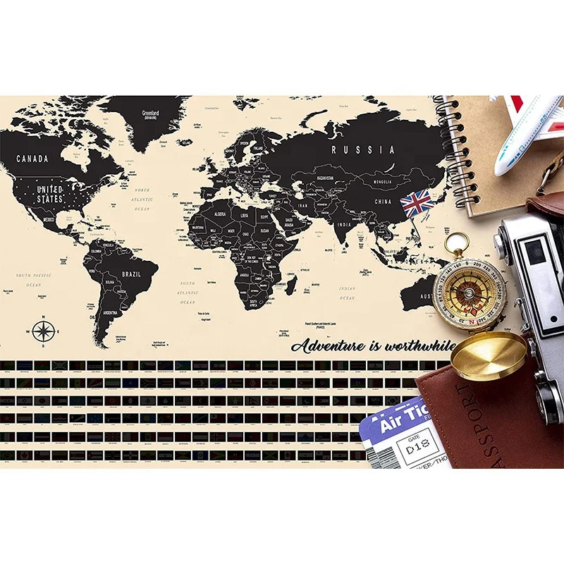 Premium Natural Wood Frame Small Size Gold Silk Printing Scratch Off National Map