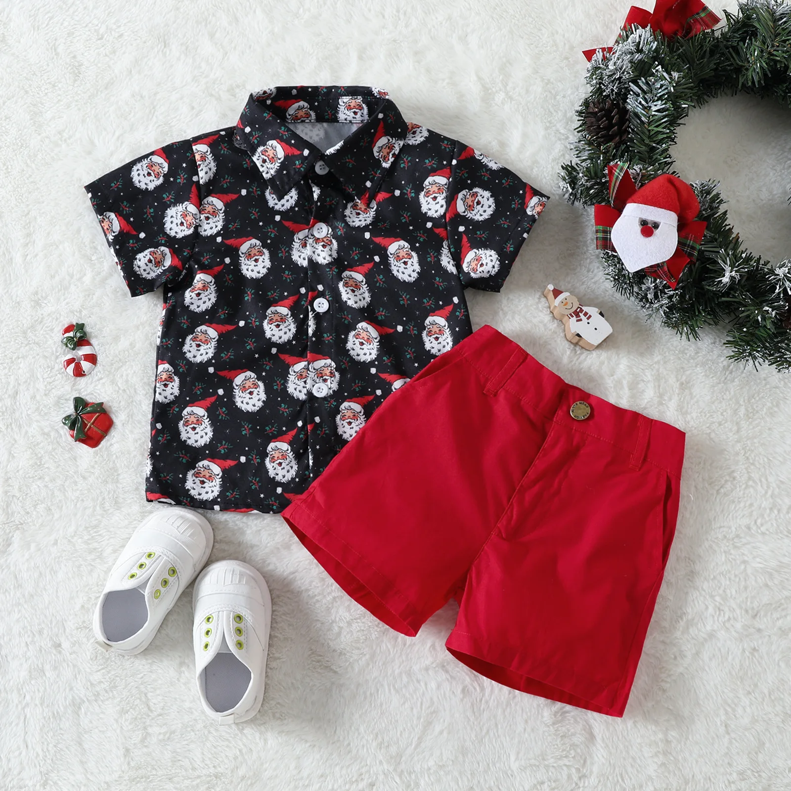 New Pattern Autumn Shorts Set Clothes Short Sleeve Short Pants Christmas Costumes Boy Shirt Suit