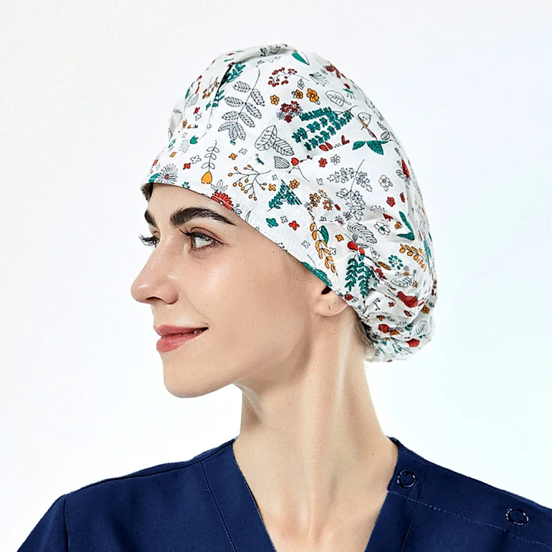 100% Cotton Unisex Absorb Sweat Caps Hospital Uniform Printed Scrub Nurse Hat Pet Nursing Scrubs Bonnets Surgical Cap