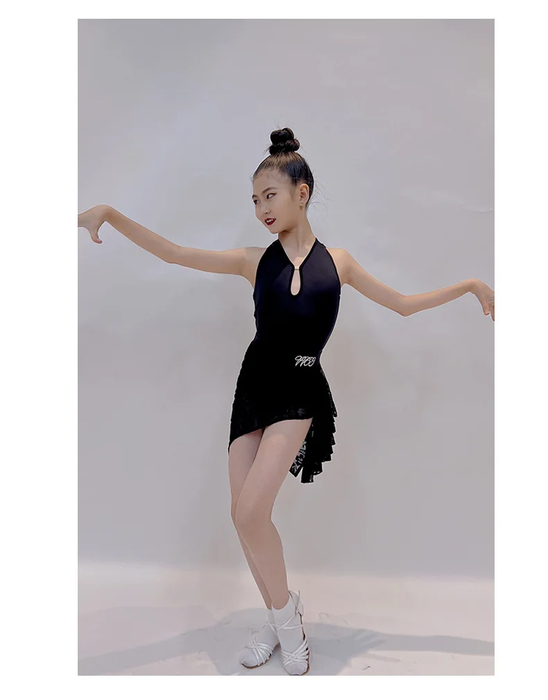 Latin Dance Dress Set Children Latin Dance Short Skirt Girl Black Split Dance Practice Costume Costume Custom