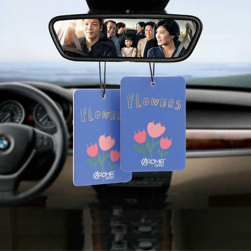 printing factory custom hanging fragrance card perfume paper card car air freshener with rope