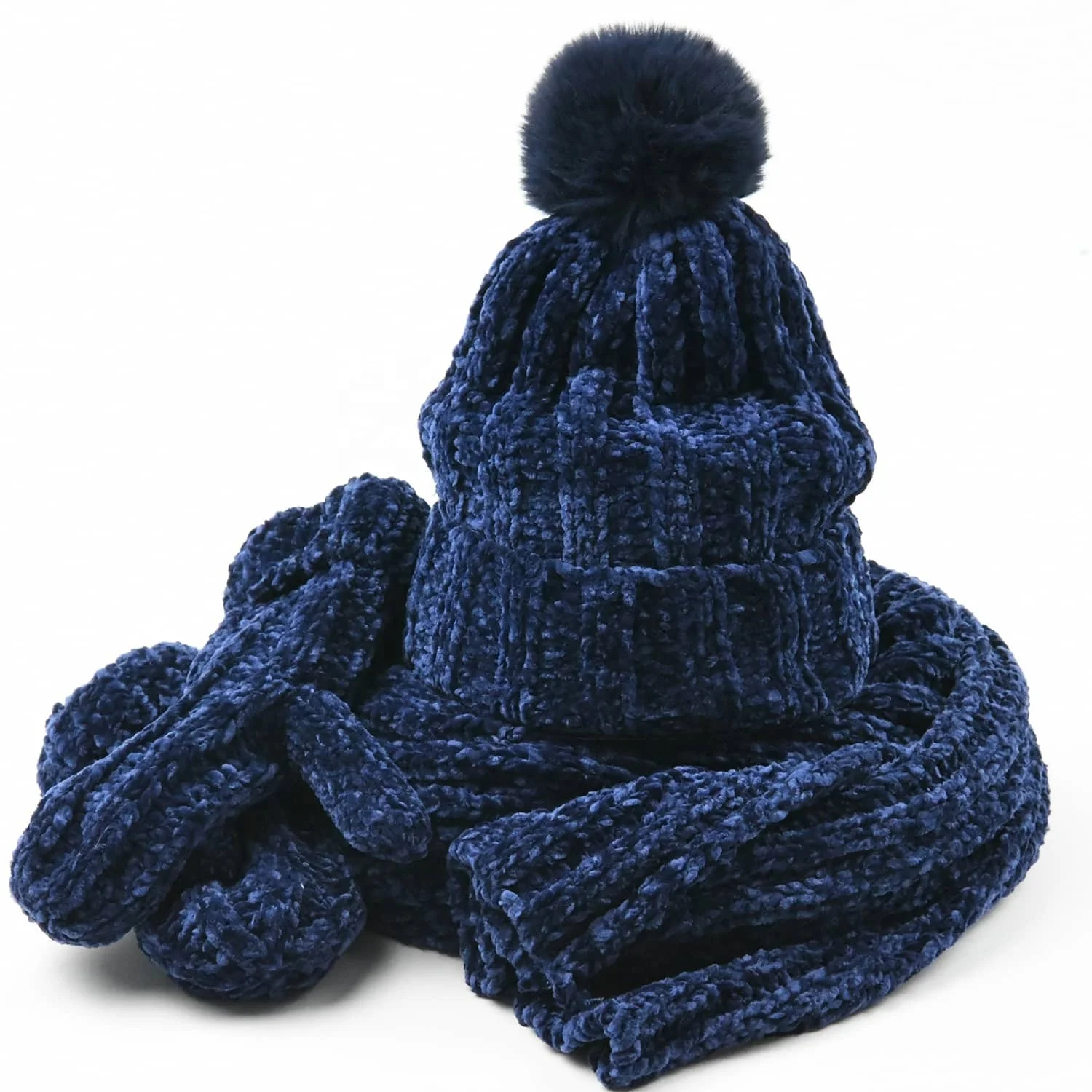 Warm thick knitted manufacturer cashmere soft chenille beanie hats scarf gloves sets custom embroidery logo chunky fluffy