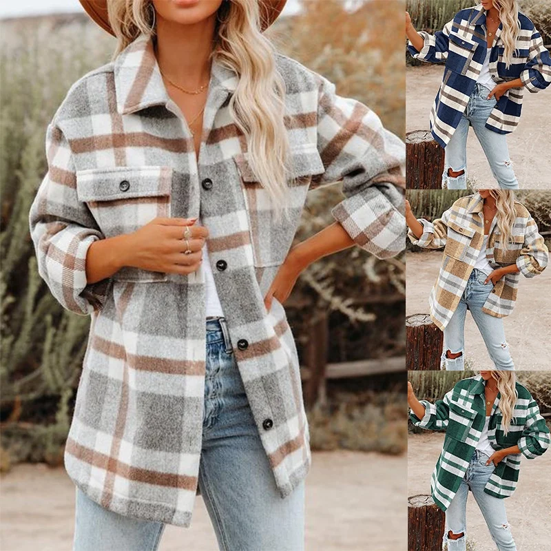 2022  Women Clothing Long Sleeve Button Down Plaid Flannel Blouse Shirt