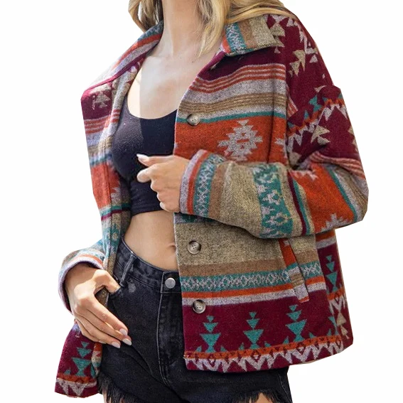 Southwest Texas Cowgirl Casual Plus Size Women Winter Western Aztec Coat