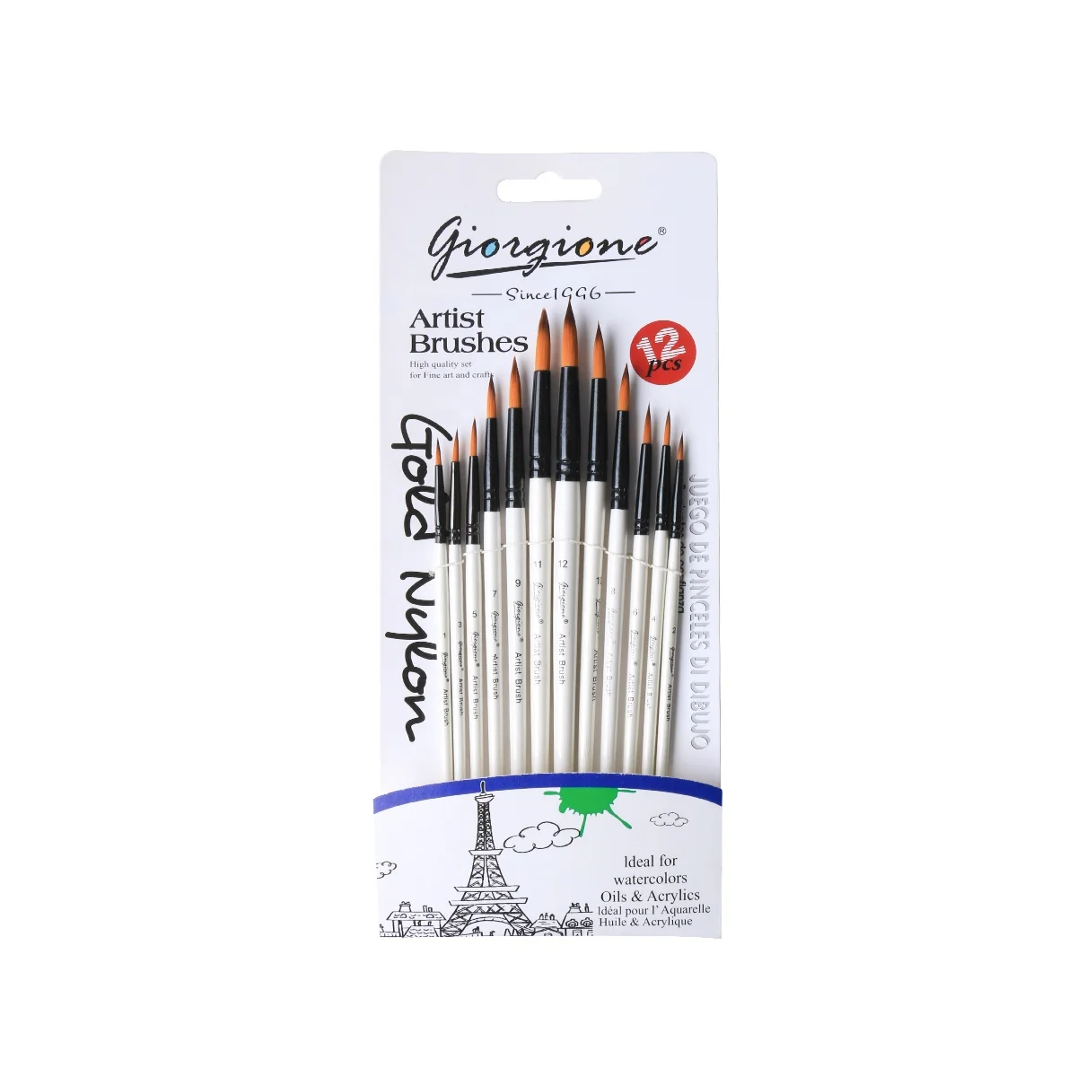 Giorgione High Quality 12PCS Round Nib Nylon Pearl White Wooden Brushes Set For Watercolor Oil Acrylic Painting