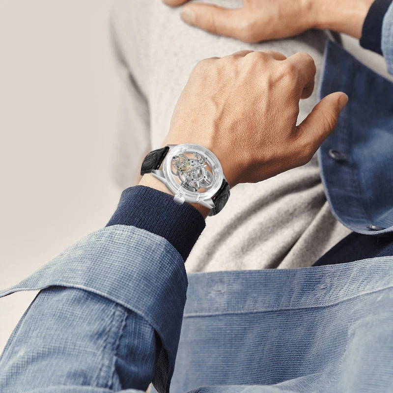 OEM Custom Logo China Sapphire Glass Case 316L Stainless Steel Transparent Hollow Tourbillon Wrist Watch