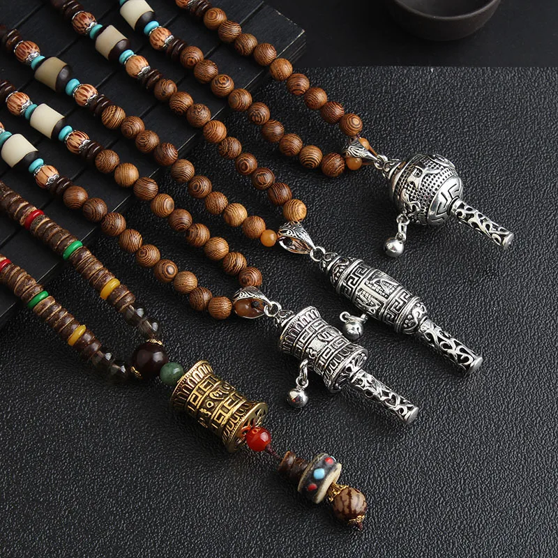 Nepalese Handmade Necklace Jewelry Nepal Buddhist Mala Wood Beads Pendant Necklace Ethnic Fish Horn Long Statement Necklace