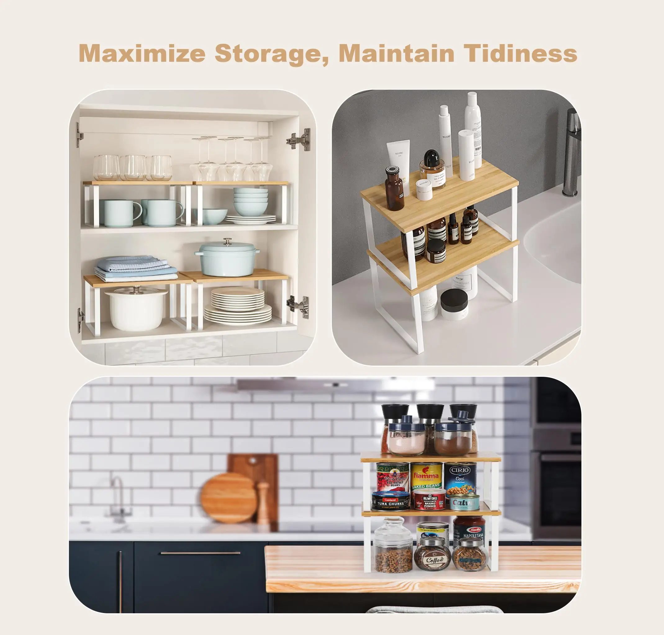 Space Saving Kitchen Cabinet Organizer Shelf Counter Organizer Stackable Shelves 2 Pack