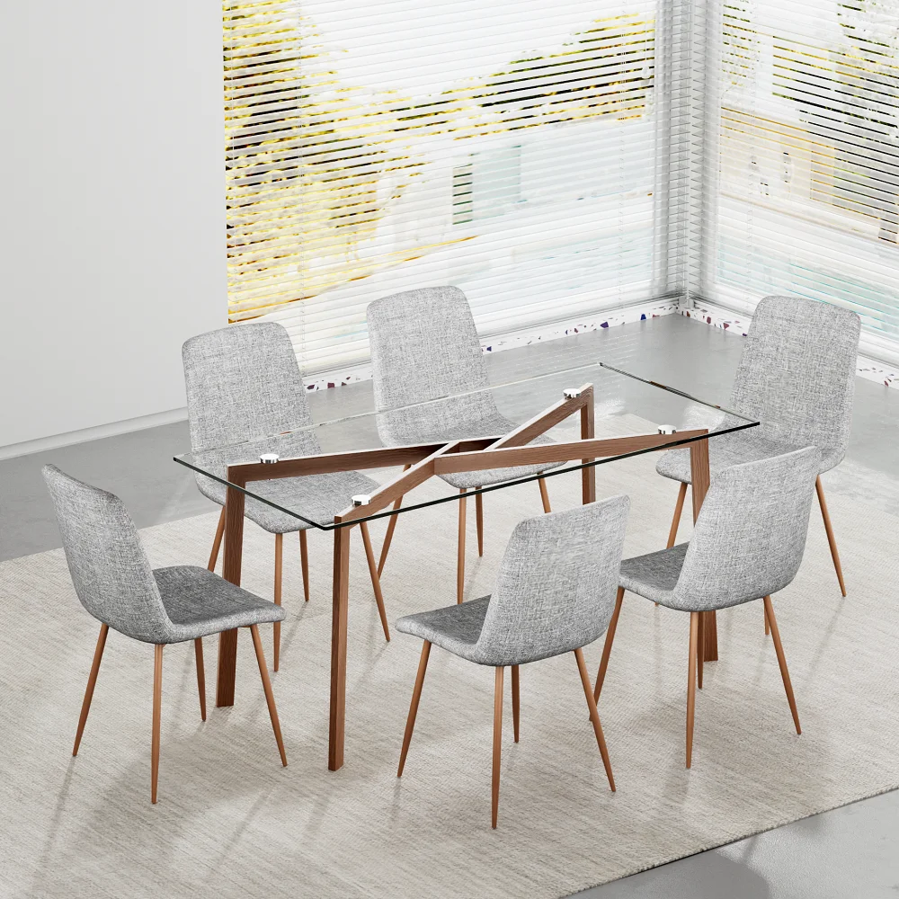 Modern Dinning Table Tempered Glass Tabletop Wooden Slanted Legs Rectangle Glass Dining Table And Chairs
