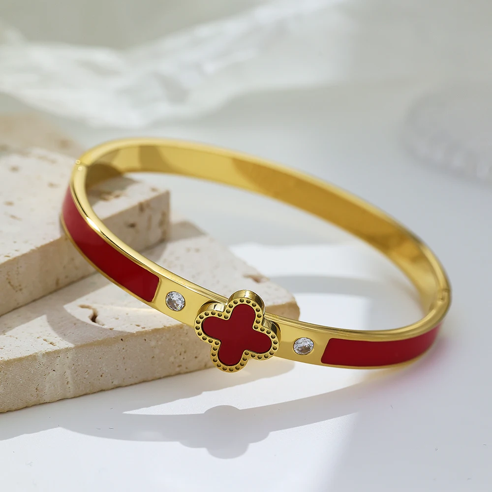 XIXI Acier Inoxydable 18K Gold Plated Stainless Steel Four Leaf Clover Enamel Zircon Women Fashion Jewelry Bracelet Bangle