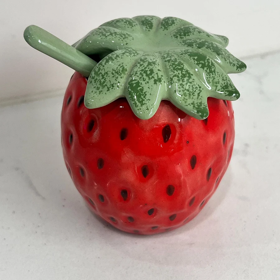 Vintage Strawberry Jam Pot Jar Lid Spoon Ceramic Pottery Vibrant Colors Very Good Euc Mcm MID Century Modern Fruit Collection