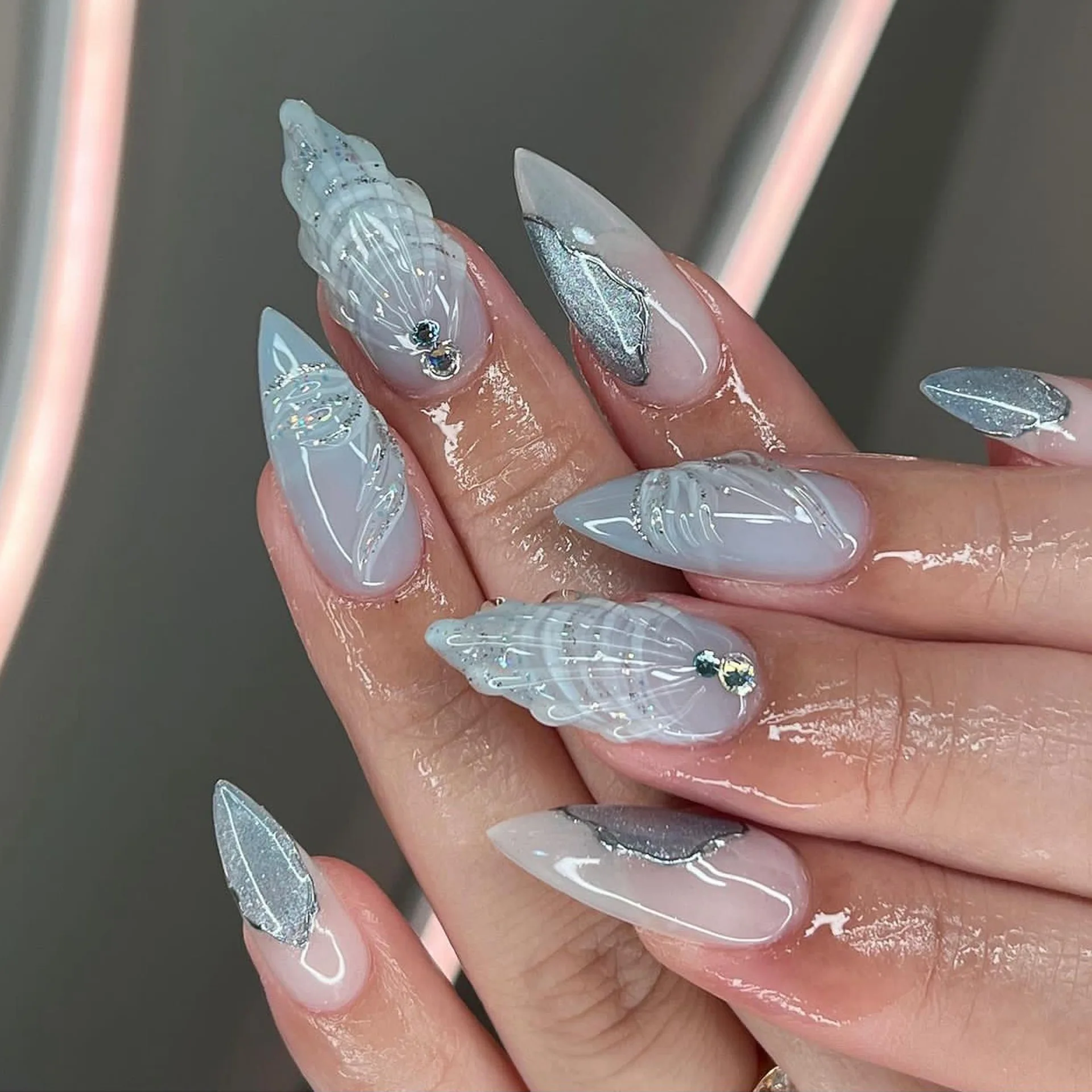 Long Almond Press on Nails Blue Fake Tips with Rhinestone 5D Sea Shell Designs Glitter False Nails Glitter Glossy Acrylic Nails