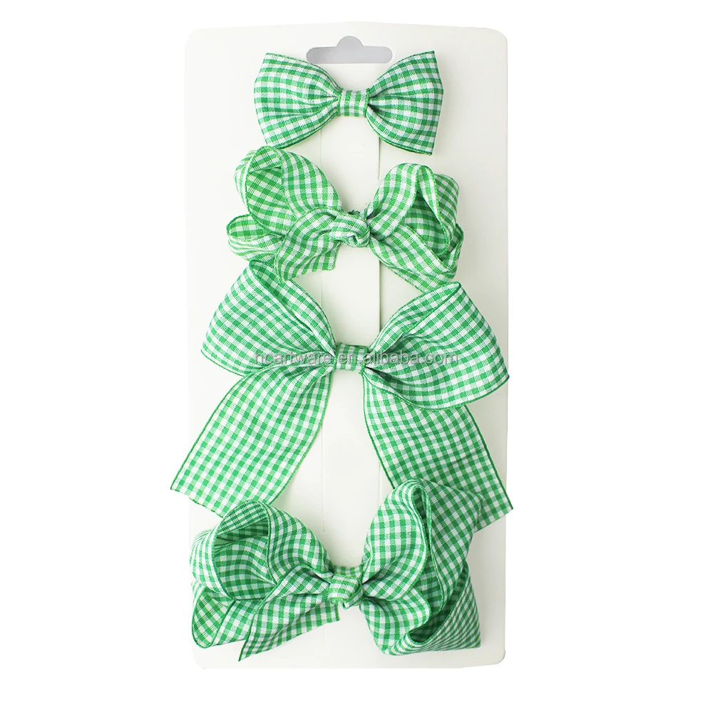 HCArtware Amazon Hot Sale Plaid Pattern Sweet Hair Bow Pastoral Style 4 Piece Suit Girls Hair Clips Country Style Kids Hair Bow