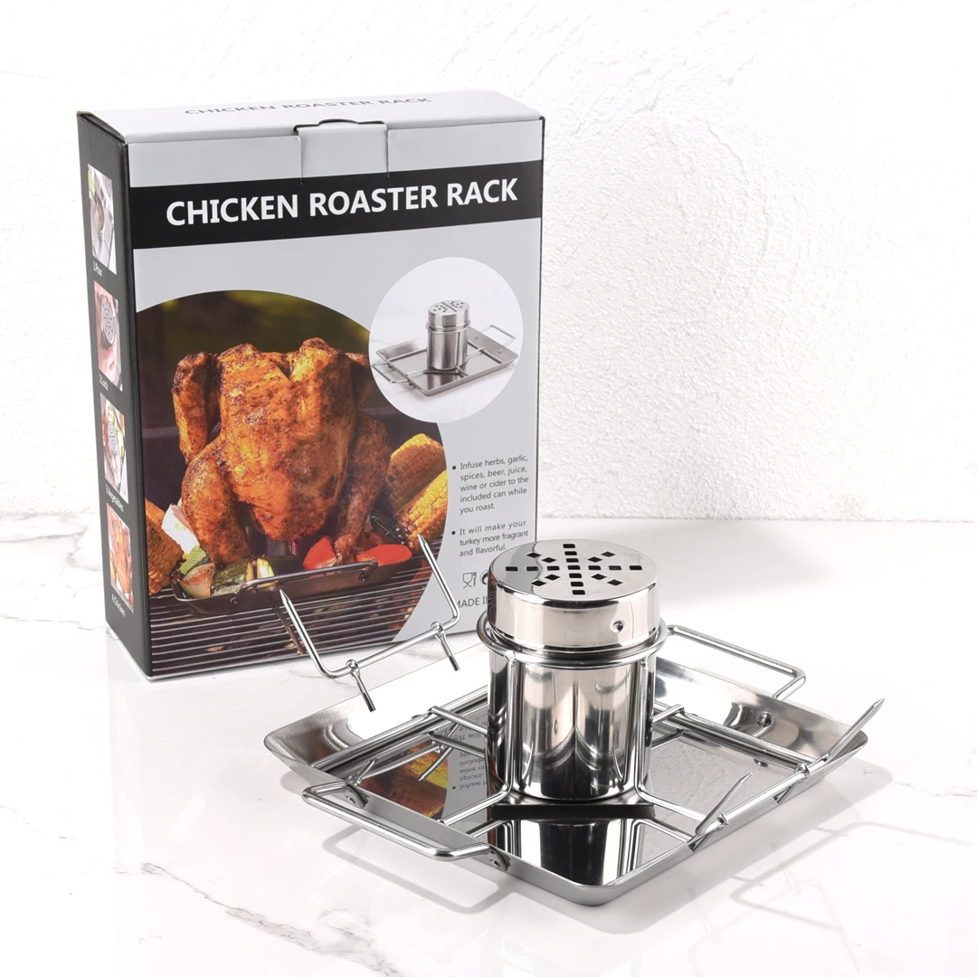 Stainless Steel BBQ Chicken Roaster Stand Holder With Canister And Drip Pan Corn Fork
