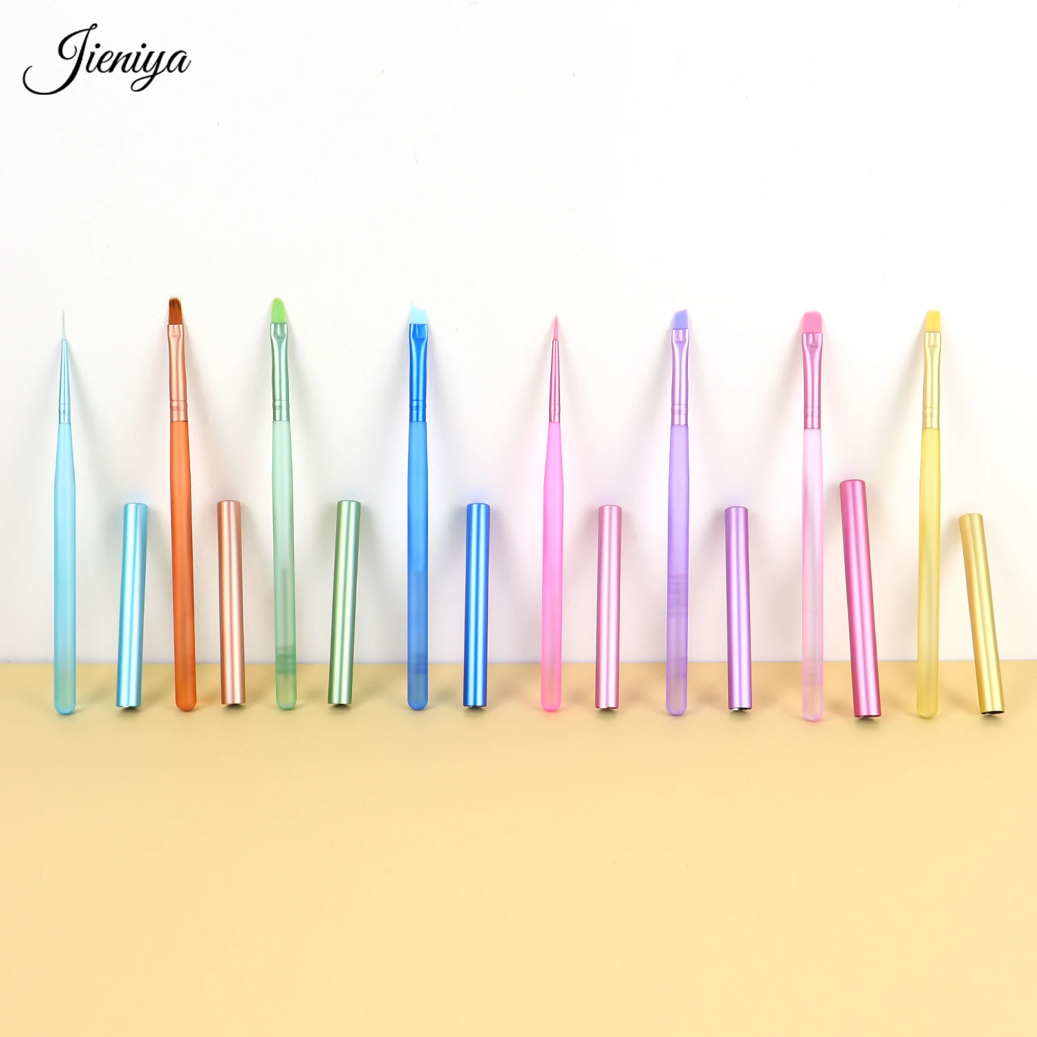 Professional Nail art brush 8pcs/set painting/liner/Flat/ombre/Oblique/Oval gel brush with Multicolor Clear Plastic Handled