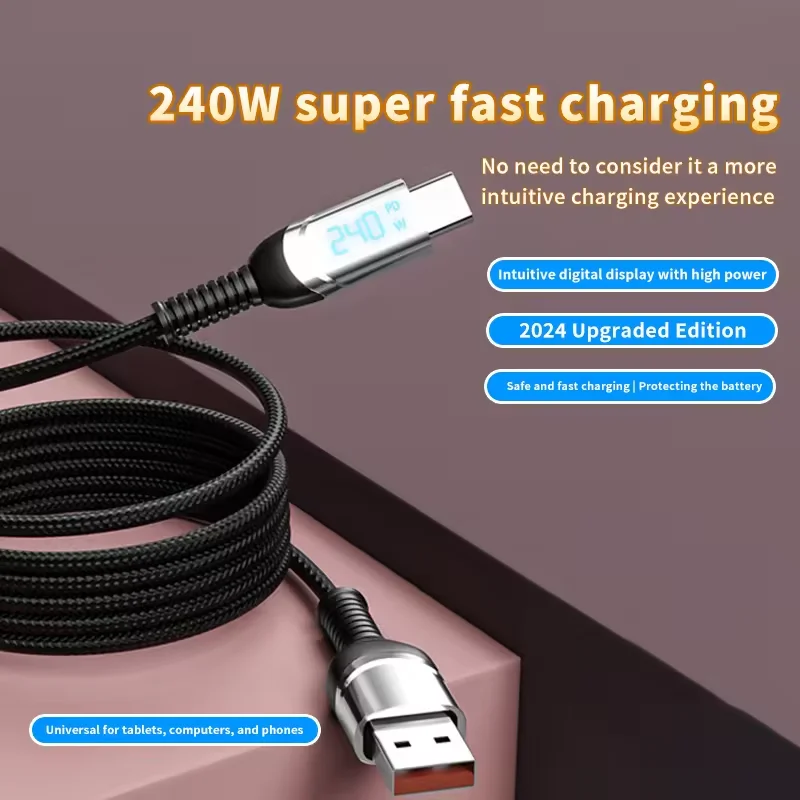 USB To C 240W Magnetic Fast Charging Cable Braided Self Winding Retractable Magnet Cable Digital Display Phone Charger Cord