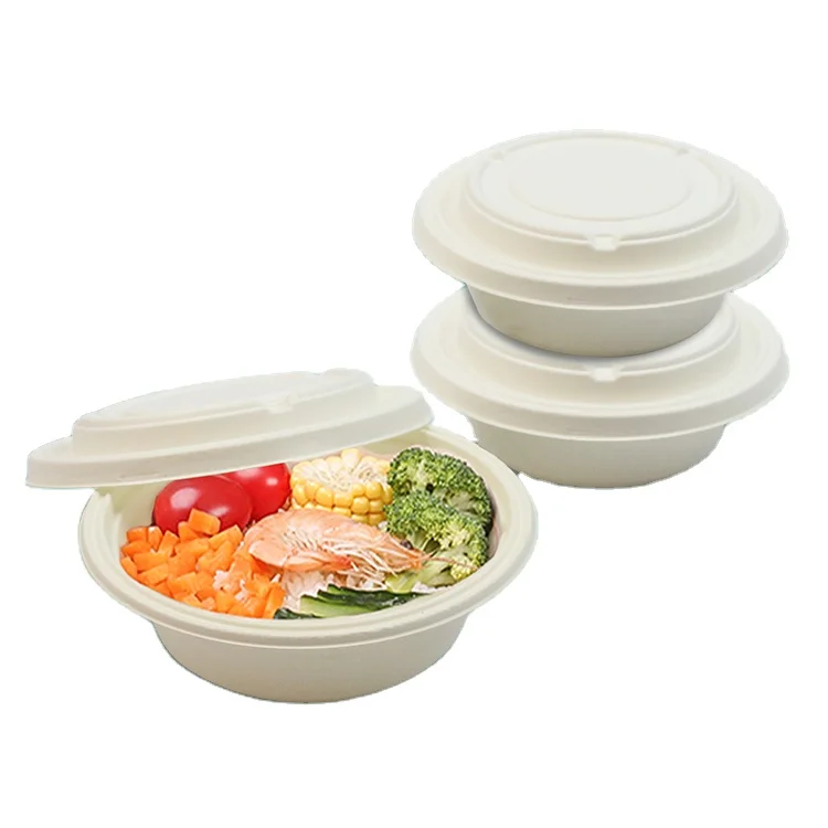 Large Capacity Compostable Food Box Noodle Rice Soup Packaging Round Degradable Paper Salad Bowl