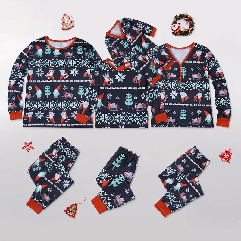 
Christmas print pajamas set two-piece home service suit long-sleeved top loose elastic waist pants warm parent-child wear 