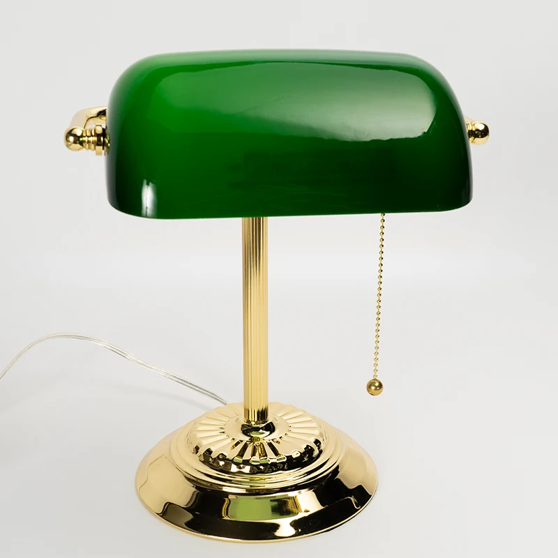  110V AC Powered Traditional Bankers Lamp With Green Glass Shade and Polished Brass Finish For Office Library Study