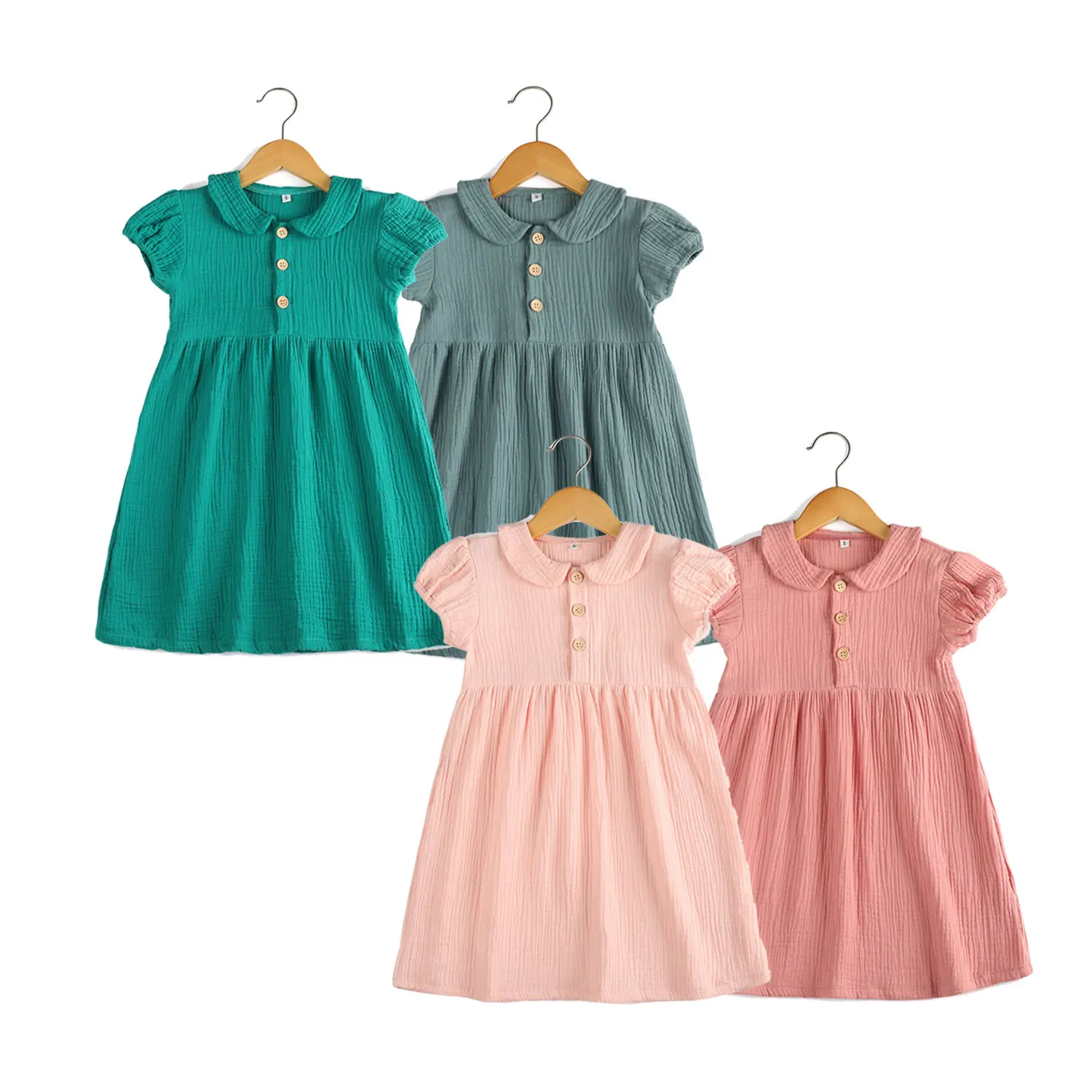 2022 sweet design  Summer peter pan collar blank muslin button down short sleeve smocked casual dress baby girl dress