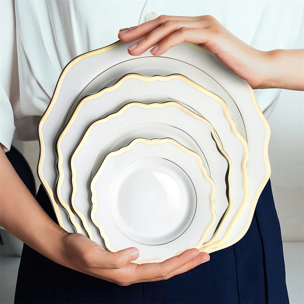 Wedding Bone china Sunflower Table Charger Plate Wholesale Luxury Restaurant Ceramic Irregular Decorative Dishes Set Gold Rim