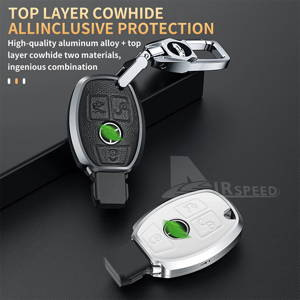 Metal Remote Key Case with Keychain for Mercedes Benz CLA GLC GLA GLK W203 Alloy Leather Car Key Cover Fob Protective