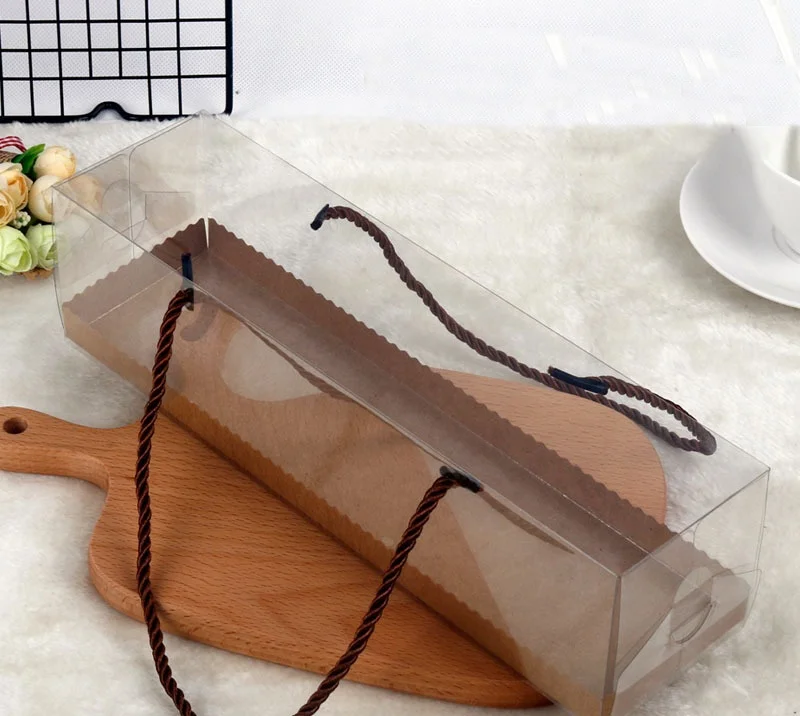 
Baking packing pastry box transparent mousse Swiss cake roll box with rope handle 