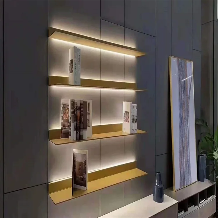 customization Minimalist furniture aluminum products wall hanging display stand with lamp